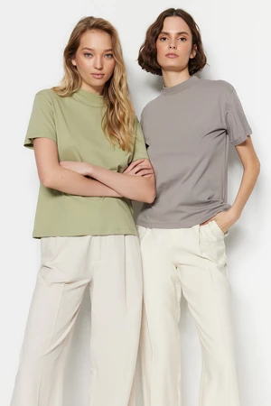 Trendyol olej zeleno-šedý 2 balení 100% bavlna základní stojatý límec pletené tričko