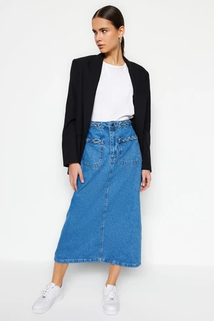 Trendyol Indigo džínová sukně s dvojitými kapsami