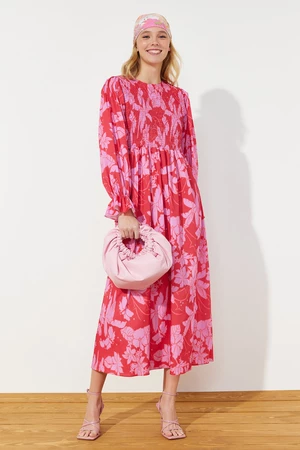 Trendyol Red Floral Printed Plus Size Gimped Woven Dress