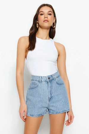 Trendyol High Waist Denim Shorts With Blue Stones