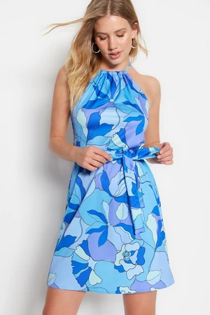 Trendyol Modrý pásek A-Line Mini tkané květinové tkané šaty