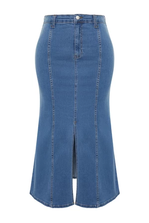 Trendyol Curve modrá midi džínová sukně s předním rozparkem a detaily