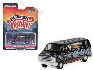 1977 Dodge B-100 Van Black with Mountain Sunrise Graphics "Keep On Vannin" "Hobby Exclusive" Series 1/64 Diecast Model Car by Greenlight