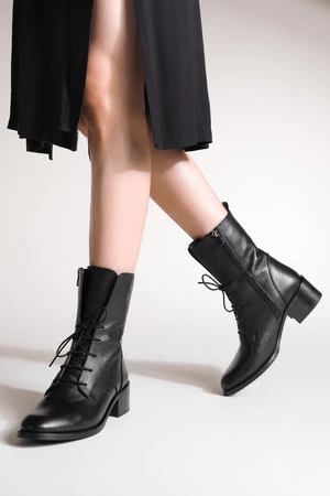 Marjin Women's Genuine Leather Boots Boots with Lace-up Zippered Classic Casual Boots Mek black.