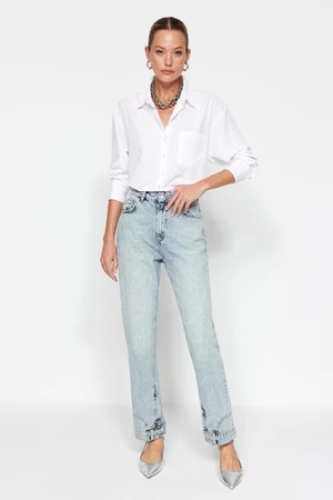 Trendyol High Waist Long Straight Jeans with Blue Leg Detail