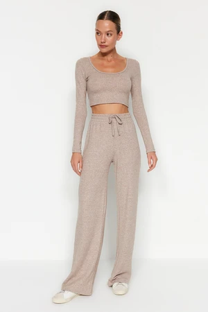 Trendyol Beige Soft Crop and Wide Leg / Wide Leg Knitted Top and Bottom Set