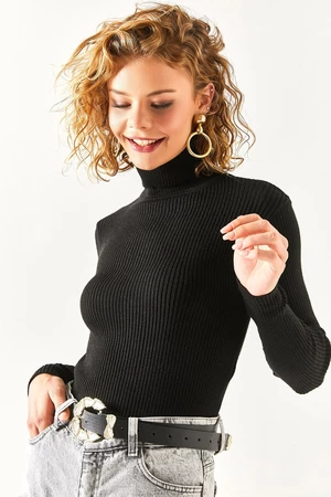 Olalook Women's Black Full Turtleneck Ribbed Lycra Knitwear Sweater