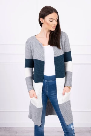 Cardigan Sweater on shoulder straps grey + dark jeans