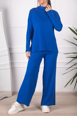 armonika Women's Saks Thick Ribbed Standing Collar With Buttons, Knitwear Suit