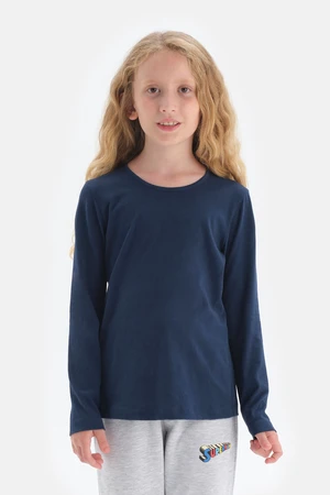 Dagi Navy Blue Crew Neck Long Sleeved T-Shirt