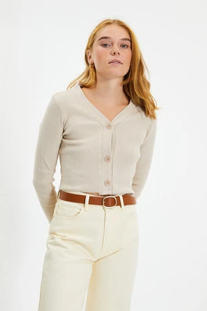 Trendyol Beige Buttoned V Neck Fake Knitwear Knitted Blouse