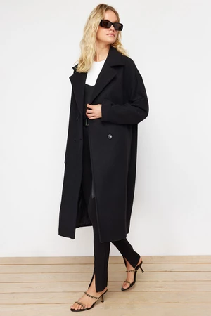 Trendyol Black Oversize széles szabású hosszú gyapjú cachet kabát