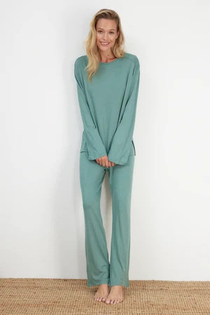 Trendyol Mint Cotton Slit Detailed Tshirt-Pants Knitted Pajama Set