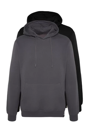 Trendyol 2-Pack Black-Grey Basic Regular/Normal Fit Hooded Fleece Inner Sweatshirt