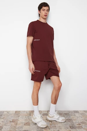 Trendyol Brown Motto Printed Knitted Shorts Pajamas Set