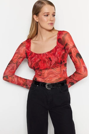 Trendyol Red Patterned See-through Back Fitted/Sticky Crop Tulle Stretch Knitted Blouse