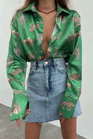 Madmext Mad Girls Leopard Green Satin Shirt Mg187