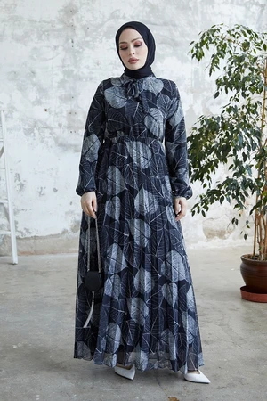 InStyle Polina Leaf Pattern Chiffon Hijab Dress - Black