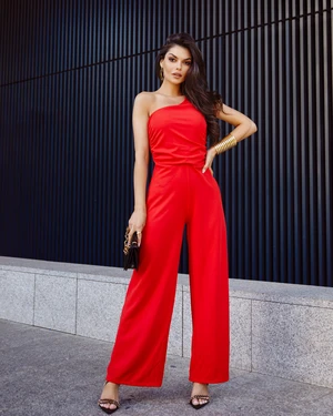 Elegant one-shoulder overall with wide red legs
