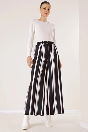 By Saygı Belted Waist Longitudinal Thick Striped Palazzo Trousers with Side Pockets