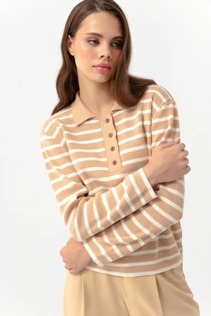 Lafaba Women's Mink Polo Neck Striped Knitwear Sweater