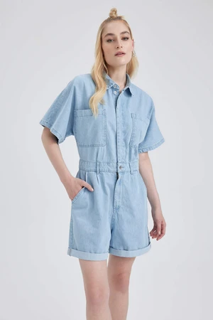 DEFACTO Shirt Collar Short Jean Jumpsuit