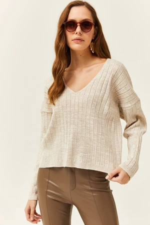 Olalook Women's Stone Wide V-Neck Silvery Knitwear Blouse