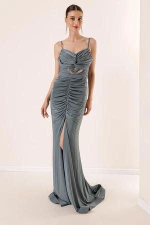 By Saygı Rope Strap Front Slit Draped Chain Detail Crystal Fabric Long Dress