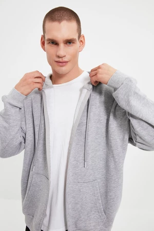 Trendyol Gray Men's Basic Oversize Fit Zippered Hooded Thick Sweatshirt-cardigan