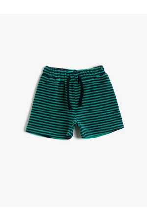 Koton Boy Green Checkered Striped Shorts With Tie Waist Cotton.