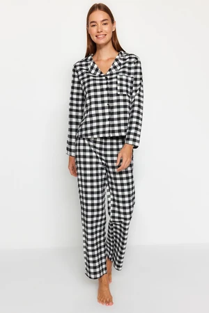 Trendyol Black Flannel Cotton Plaid Shirt-Pants Woven Pajama Set