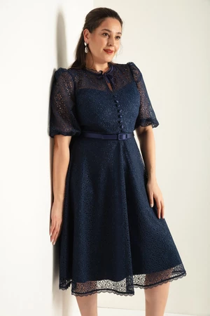 Lafaba Women's Navy Blue Lace Plus Size Midi Evening Dress