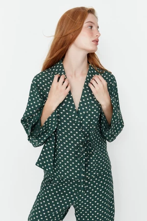 Trendyol Green Heart Patterned Tie Detailed Shirt-Pants Woven Pajama Set