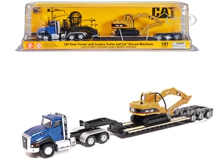 CAT Caterpillar CT660 Day Cab Tractor Blue Metallic with Lowboy Trailer and CAT 315C L Hydraulic Excavator Yellow 1/87 (HO) Diecast Model by Diecast
