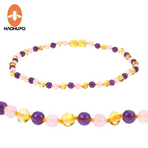HAOHUPO 6 Design Amber Necklace Jewelry with Natural Rose Quartz Amethyst Gemstone Knotted Baltic Amber Bijoux for Baby Women