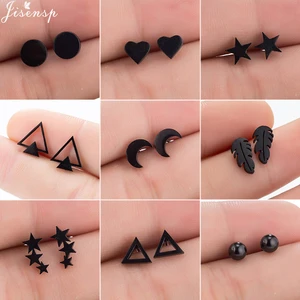 Fashion Stainless Steel Geometric Earrings Black Small Star Moon Round Triangle Ear Studs for Women Men Hip Hop Ear Jewelry 2022