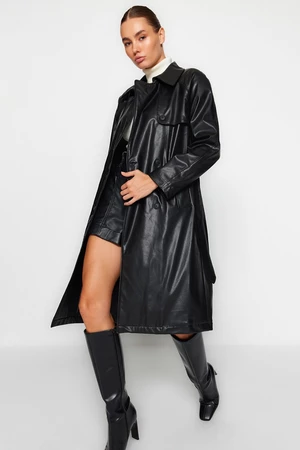 Trendyol Black Oversize Wide Cut Faux Leather z paskiem Wodoodporny trencz
