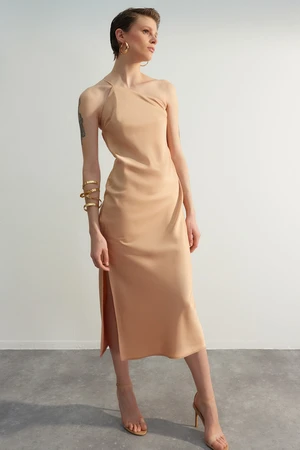 Trendyol Beige Weave Satin Elegant Evening Dress