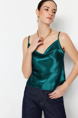 Trendyol Green Satin Woven Straps with Tie Back Plunger Collar Blouse