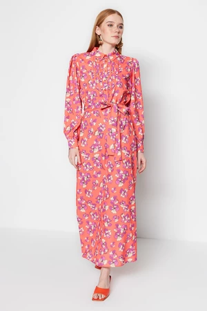 Trendyol Kvetinové granátové jablko vzorované tkané šaty s detailom zvlneného rebra