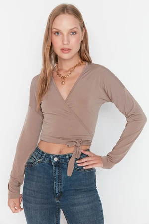 Trendyol Mink Tie Detailed Crop Double Breasted Viscose Knitted Blouse