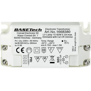 Basetech BT-1668380 transformátor na halogénové osvetlenie  12 V 10 - 60 W stmievací s fázovým stmievačom pre vypnutie