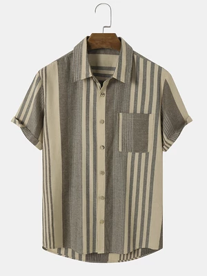 Mens 100%Cotton Asymmetric Striped Print All Matched Shirts