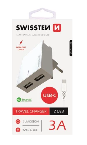 SWISSTEN SÍŤOVÝ ADAPTÉR SMART IC 2x USB 3A POWER + DATOVÝ KABEL USB / TYPE C 1,2 M, BÍLÁ