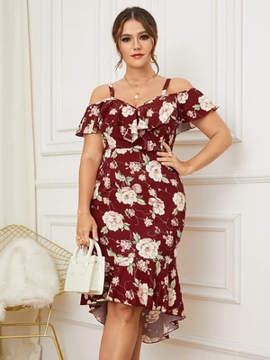 Plus Size Cold Shoulder Floral Print Ruffle Trim Dress