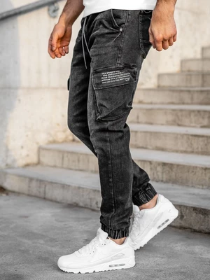 Czarne jeansowe joggery bojówki spodnie męskie slim fit Denley 61015W0