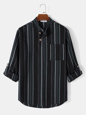 Mens Striped Printed Ajustable Sleeve Half Buttons Skin Friendly T-Shirts