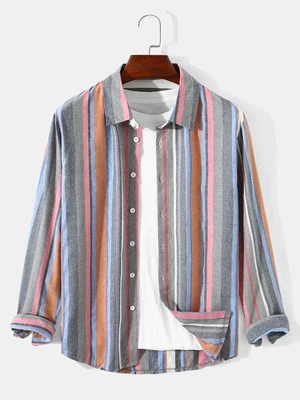 Mens Colorful Striped Printed Front Buttons Long Sleeve Shirts