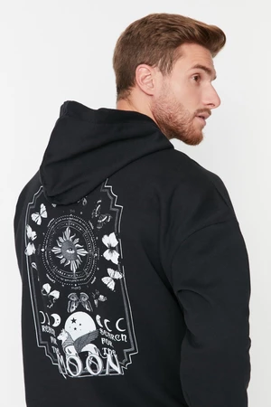 Trendyol Black Oversize/Wide-Fit Hooded Space Printed Fleece Cotton Sweatshirt