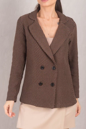 armonika Women's Light Brown Striped Patterned Four Button Cachet Jacket